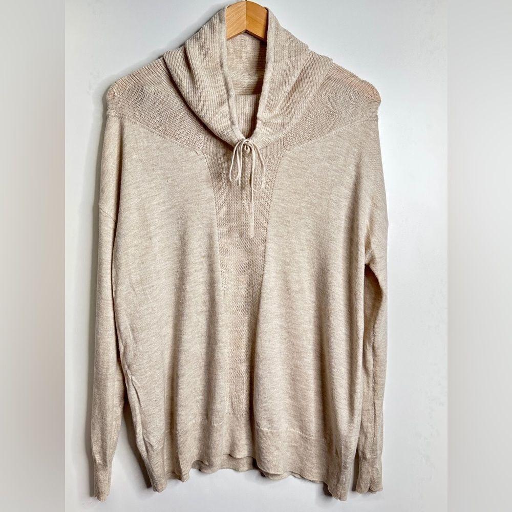 Akini Sweater Womens Wool Blend Drawstring‎ Cowl Neck Pullover Cream Color